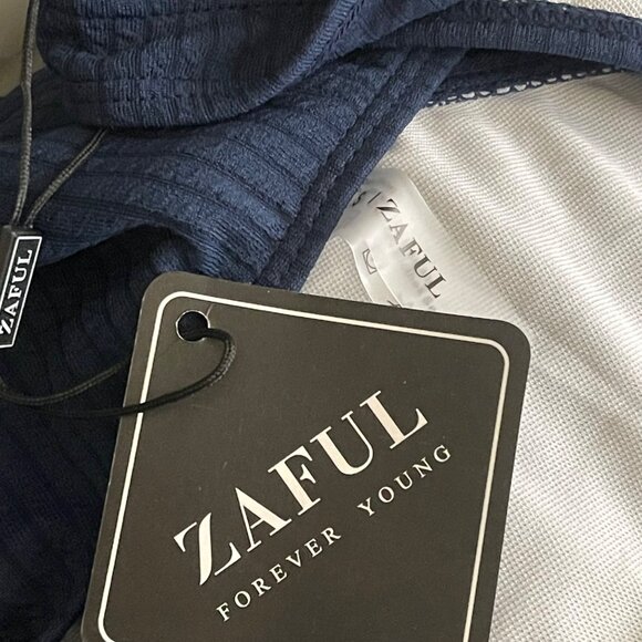 Zaful Women Navy Blue Ribbed Bikini Set Small Criss Cross Tie High Cut Swimsuit - Picture 5 of 10